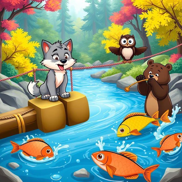 A lively cartoon scene showcasing a cute wolf pup and a cheerful owl together on a colorful rope bridge, while two playful cartoon bears are enthusiastically catching fish below