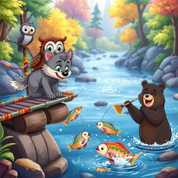 A lively cartoon scene showcasing a cute wolf pup and a cheerful owl together on a colorful rope bridge, while two playful cartoon bears are enthusiastically catching fish below