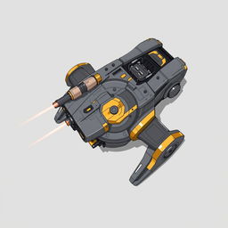 A detailed top-down 2D illustration of a futuristic laser turret, featuring a sophisticated design in gray and golden colors