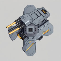 A detailed top-down 2D illustration of a futuristic laser turret, featuring a sophisticated design in gray and golden colors