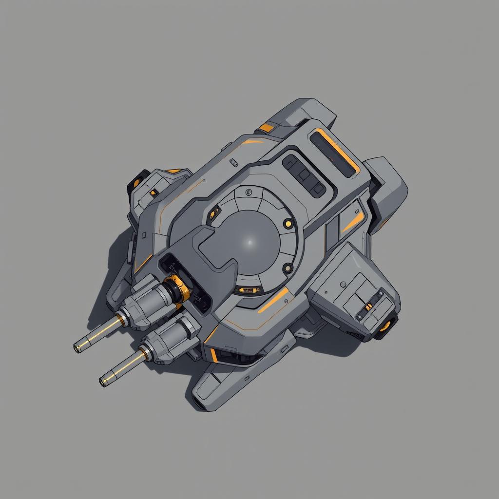 A detailed top-down 2D illustration of a futuristic laser turret, featuring a sophisticated design in gray and golden colors