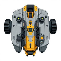 A detailed top-down 2D illustration of a futuristic laser turret, featuring a sophisticated design in gray and golden colors