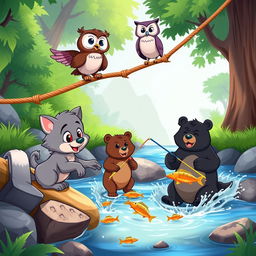 A vibrant cartoon scene featuring a cute wolf pup and a friendly owl, observing two cartoon bears catching fish from a lively rope bridge