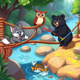 A vibrant cartoon scene featuring a cute wolf pup and a friendly owl, observing two cartoon bears catching fish from a lively rope bridge