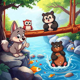 A vibrant cartoon scene featuring a cute wolf pup and a friendly owl, observing two cartoon bears catching fish from a lively rope bridge