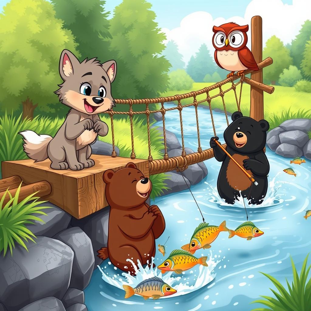 A vibrant cartoon scene featuring a cute wolf pup and a friendly owl, observing two cartoon bears catching fish from a lively rope bridge