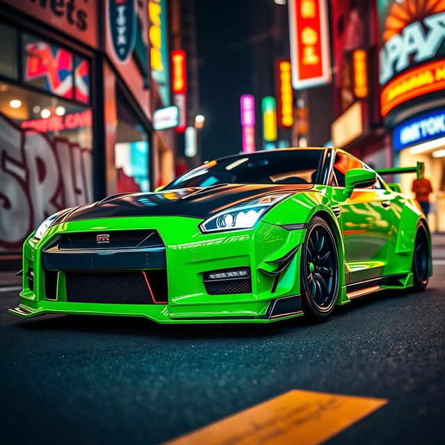 A striking Liberty Walk modified Nissan GTR in a vivid lime green color, showcasing its aggressive wide-body kit and aerodynamic enhancements