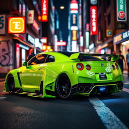 A striking Liberty Walk modified Nissan GTR in a vivid lime green color, showcasing its aggressive wide-body kit and aerodynamic enhancements