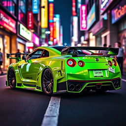 A striking Liberty Walk modified Nissan GTR in a vivid lime green color, showcasing its aggressive wide-body kit and aerodynamic enhancements