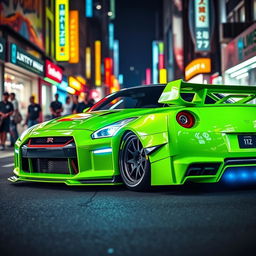 A striking Liberty Walk modified Nissan GTR in a vivid lime green color, showcasing its aggressive wide-body kit and aerodynamic enhancements