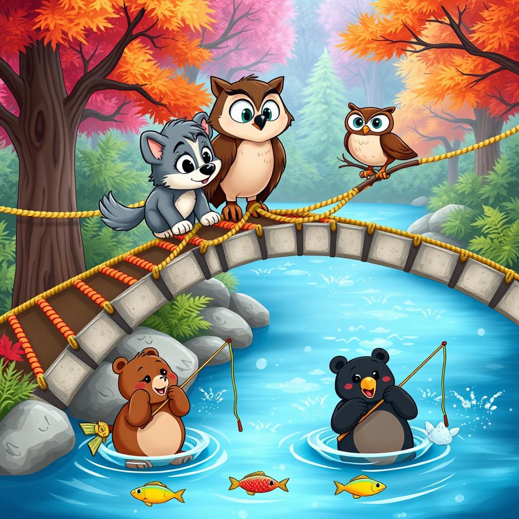 A charming cartoon scene featuring a cute wolf pup and a friendly owl together on a colorful rope bridge, while two playful cartoon bears are catching fish below