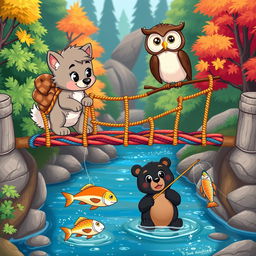 A charming cartoon scene featuring a cute wolf pup and a friendly owl together on a colorful rope bridge, while two playful cartoon bears are catching fish below