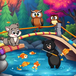 A charming cartoon scene featuring a cute wolf pup and a friendly owl together on a colorful rope bridge, while two playful cartoon bears are catching fish below