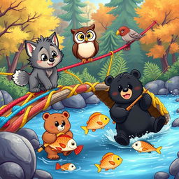 A charming cartoon scene featuring a cute wolf pup and a friendly owl together on a colorful rope bridge, while two playful cartoon bears are catching fish below