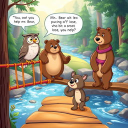 A delightful cartoon scene depicting an engaging dialogue between a wise owl, a charming wolf pup named Leo, and two friendly bears