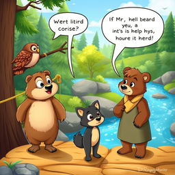 A delightful cartoon scene depicting an engaging dialogue between a wise owl, a charming wolf pup named Leo, and two friendly bears