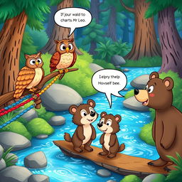 A delightful cartoon scene depicting an engaging dialogue between a wise owl, a charming wolf pup named Leo, and two friendly bears