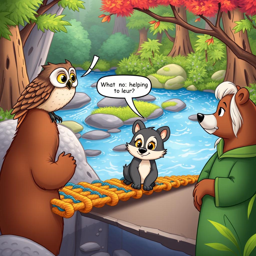 A delightful cartoon scene depicting an engaging dialogue between a wise owl, a charming wolf pup named Leo, and two friendly bears