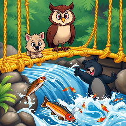A lively cartoon scene depicting a cute wolf pup and a wise owl on a colorful rope bridge, surrounded by rushing water below