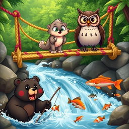 A lively cartoon scene depicting a cute wolf pup and a wise owl on a colorful rope bridge, surrounded by rushing water below