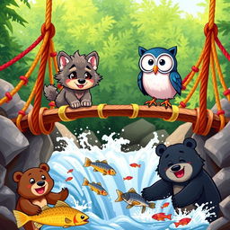 A lively cartoon scene depicting a cute wolf pup and a wise owl on a colorful rope bridge, surrounded by rushing water below