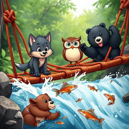 A lively cartoon scene depicting a cute wolf pup and a wise owl on a colorful rope bridge, surrounded by rushing water below