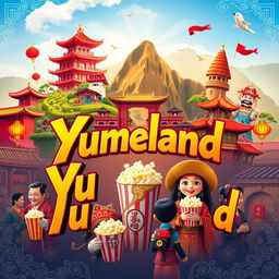 A vibrant and colorful movie poster for a cinema called 'Yumeland', creatively combining Asian and Peruvian cultural elements