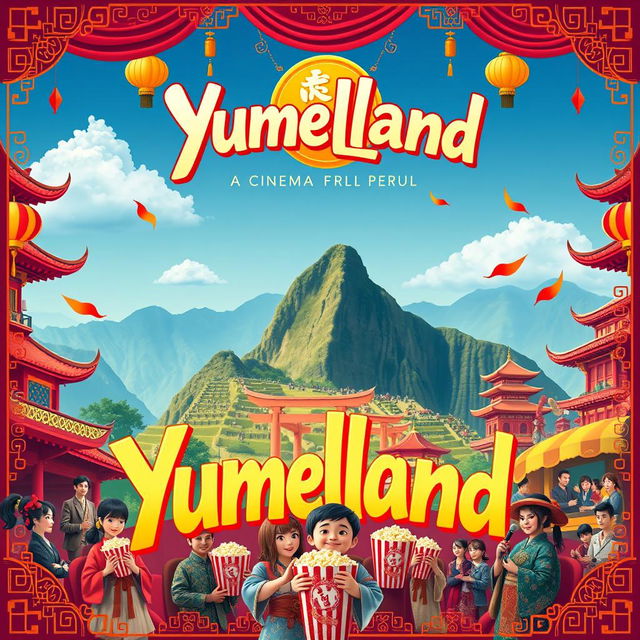 A vibrant and colorful movie poster for a cinema called 'Yumeland', creatively combining Asian and Peruvian cultural elements