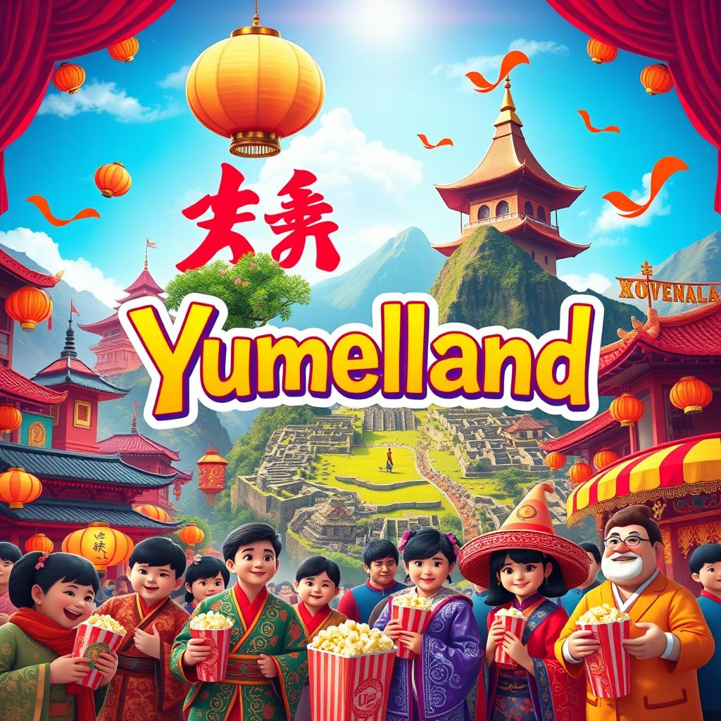 A vibrant and colorful movie poster for a cinema called 'Yumeland', creatively combining Asian and Peruvian cultural elements