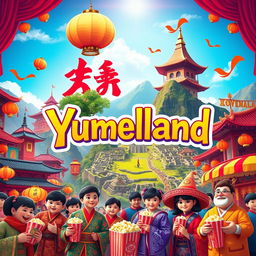 A vibrant and colorful movie poster for a cinema called 'Yumeland', creatively combining Asian and Peruvian cultural elements