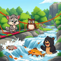A lively cartoon scene featuring a cute wolf pup and a wise owl on a colorful rope bridge, overlooking a vibrant landscape with rushing water below