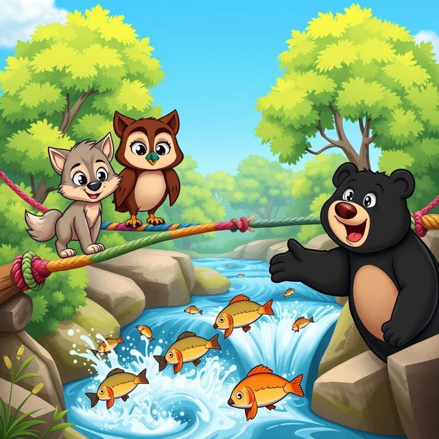 A lively cartoon scene featuring a cute wolf pup and a wise owl on a colorful rope bridge, overlooking a vibrant landscape with rushing water below