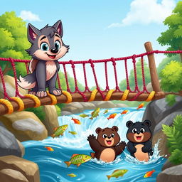A lively cartoon scene featuring a cute wolf pup and a wise owl on a colorful rope bridge, overlooking a vibrant landscape with rushing water below