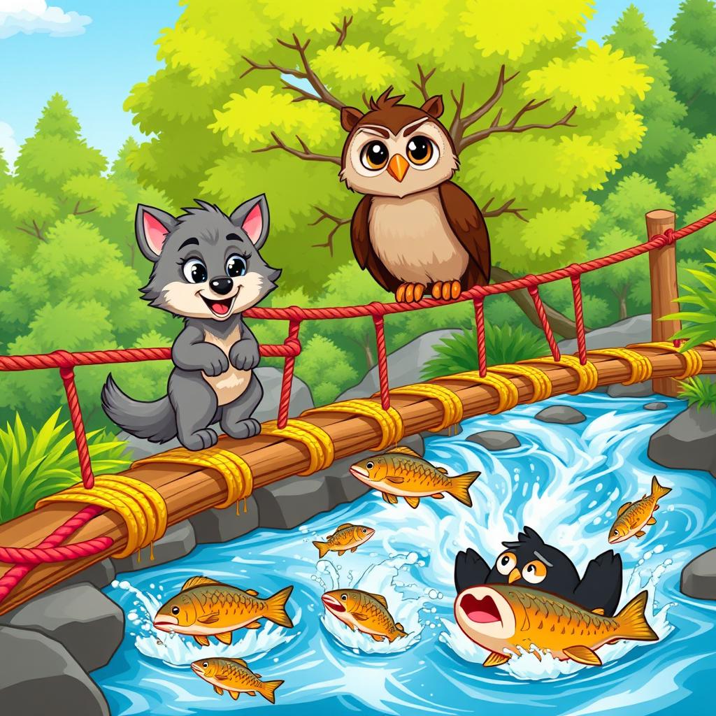 A lively cartoon scene featuring a cute wolf pup and a wise owl on a colorful rope bridge, overlooking a vibrant landscape with rushing water below