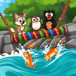 A vibrant cartoon scene featuring a playful wolf pup and a wise owl standing on a colorful rope bridge above rushing water