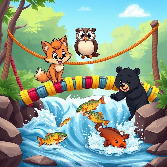 A vibrant cartoon scene featuring a playful wolf pup and a wise owl standing on a colorful rope bridge above rushing water