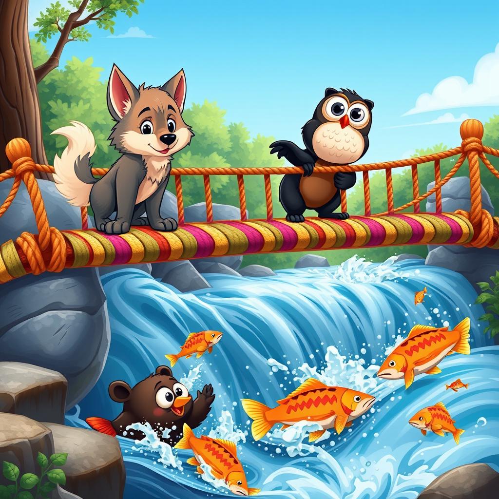 A vibrant cartoon scene featuring a playful wolf pup and a wise owl standing on a colorful rope bridge above rushing water