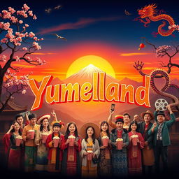 A captivating movie poster for 'Yumeland', a cinema that artfully merges Asian and Peruvian cultural elements