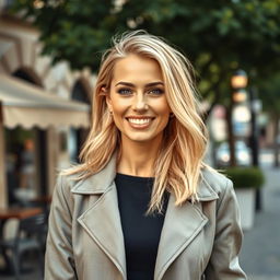 A 35-year-old European woman with blonde hair, wearing fashionable clothes