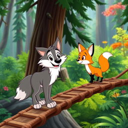 A cartoon wolf standing on a rope bridge, looking curiously at a cartoon fox that is crossing the bridge towards him