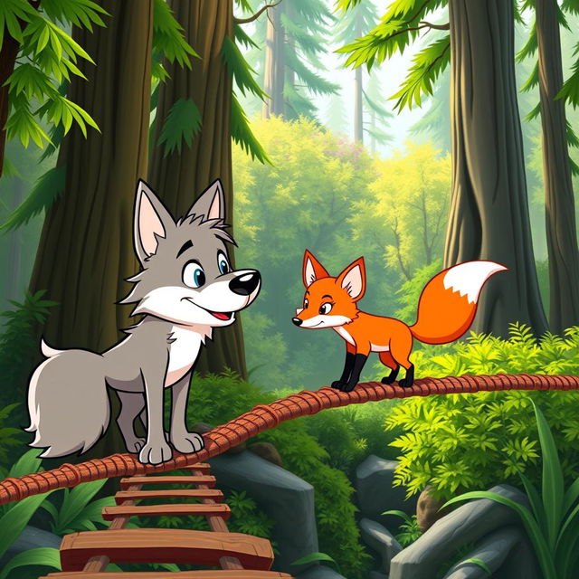 A cartoon wolf standing on a rope bridge, looking curiously at a cartoon fox that is crossing the bridge towards him