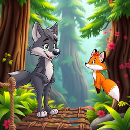 A cartoon wolf standing on a rope bridge, looking curiously at a cartoon fox that is crossing the bridge towards him