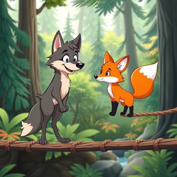 A cartoon wolf standing on a rope bridge, looking curiously at a cartoon fox that is crossing the bridge towards him