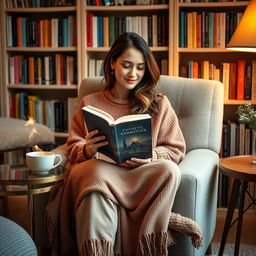 A cozy vertical scene featuring a woman in her early 30s, nestled in a softly lit living room