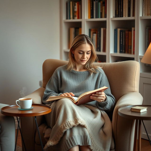 A cozy vertical scene featuring a woman in her early 30s, nestled in a softly lit living room