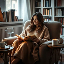 A cozy vertical scene featuring a woman in her early 30s, nestled in a softly lit living room