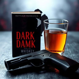 A captivating dark romance book cover featuring a glass of whiskey with golden liquid, glistening in the light, placed strategically next to a sleek black handgun