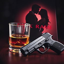 A captivating dark romance book cover featuring a glass of whiskey with golden liquid, glistening in the light, placed strategically next to a sleek black handgun