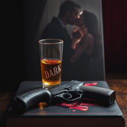 A captivating dark romance book cover featuring a glass of whiskey with golden liquid, glistening in the light, placed strategically next to a sleek black handgun