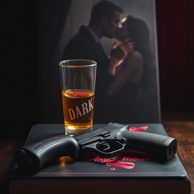 A captivating dark romance book cover featuring a glass of whiskey with golden liquid, glistening in the light, placed strategically next to a sleek black handgun